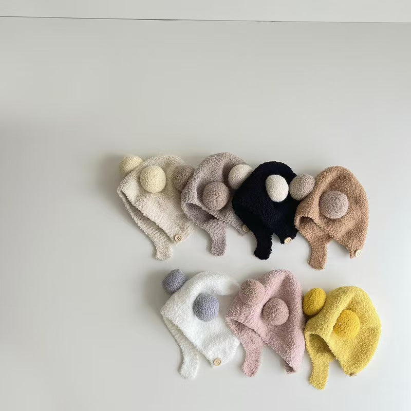 Korean Style Ins Autumn and Winter New Baby Ear Protection Cap Warm Cold-proof Cap Comfortable Baby Double Ball Soft Waxy Baotou Cap Trendy
