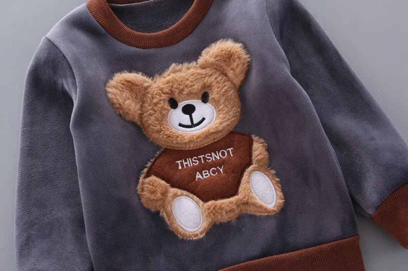 Kids Cartoon Clothing Sets Winter Autumn Boys Girls Cotton Thick Warm Hooded Sweater Cute Bear 3Pcs Children Suits 0-4 Years