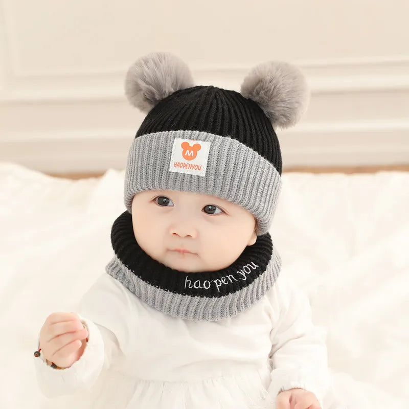 1Set Baby Hat Scarf Set Bear Warm Knitted Children Winter Hat Cap Bonnet Infant Toddler Kids Hat Boys Girls Crochet Beanie