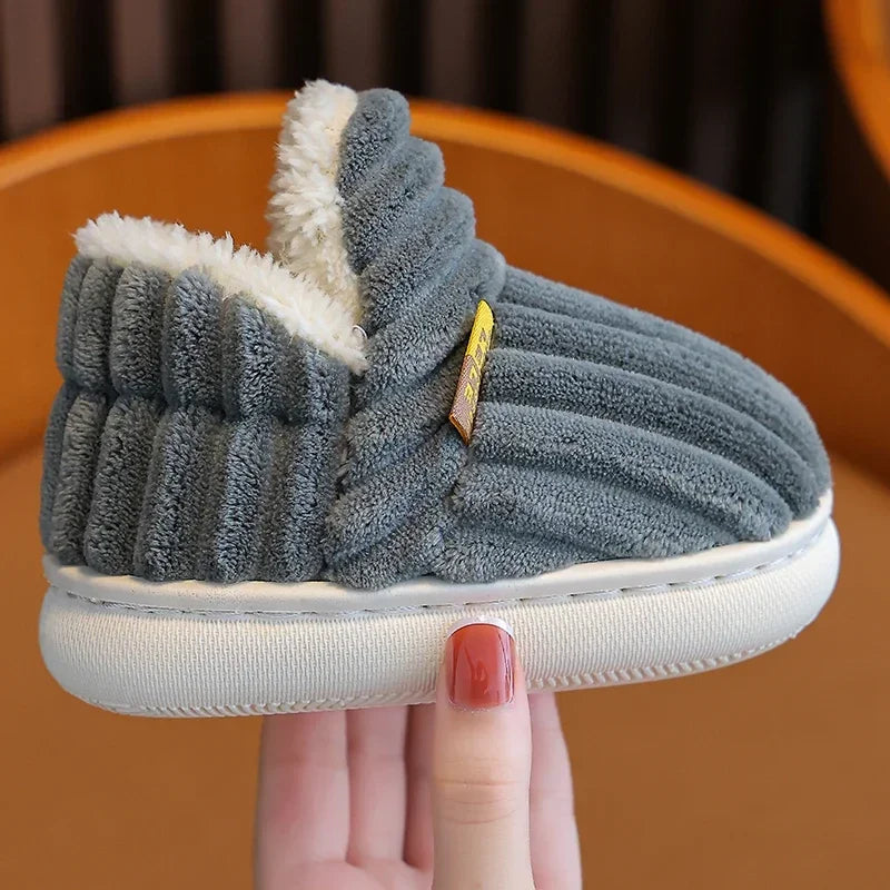 New Winter Simplicity Stripe Plush Slippers Children's Non-slip Soft Sole Kids Boys Girls Heel Wrap Warm High Home Cotton Shoes
