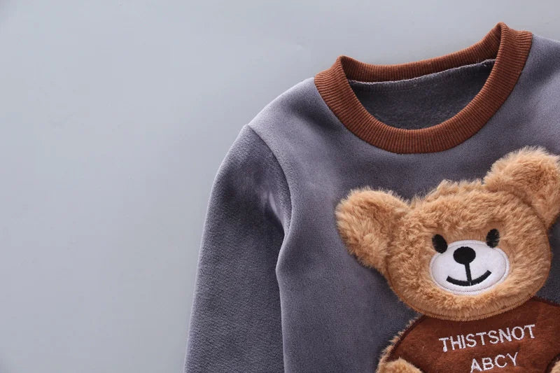 Kids Cartoon Clothing Sets Winter Autumn Boys Girls Cotton Thick Warm Hooded Sweater Cute Bear 3Pcs Children Suits 0-4 Years