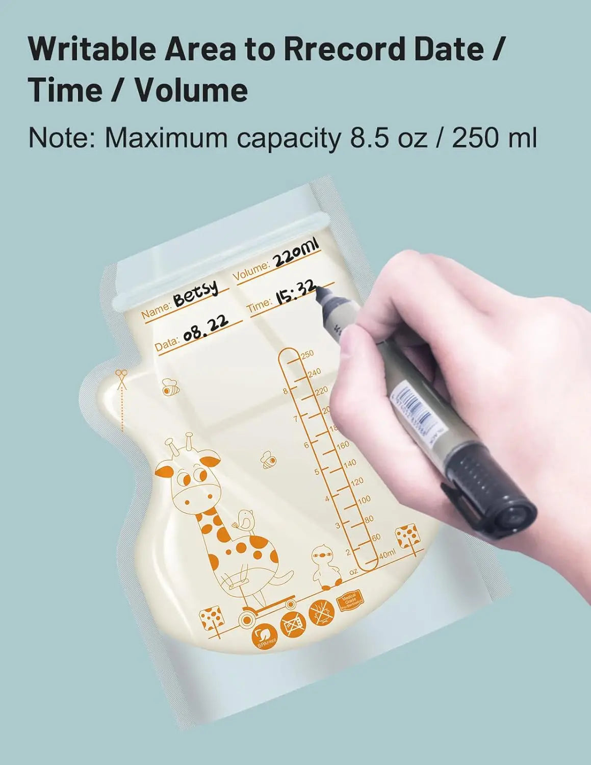 PE Giraffe Breast Milk Storage Bags, 250ML 30pcs/60 pcs per Pack, Pre-Stick Labels, BPA Free, Leakproof,