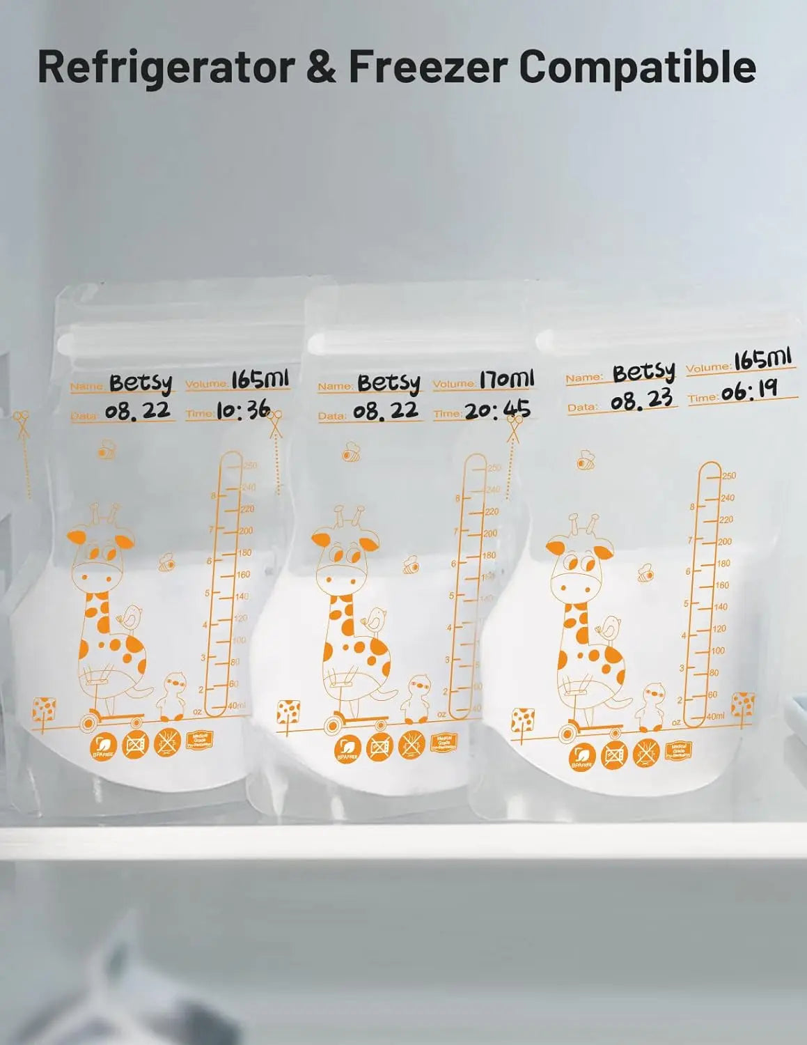PE Giraffe Breast Milk Storage Bags, 250ML 30pcs/60 pcs per Pack, Pre-Stick Labels, BPA Free, Leakproof,