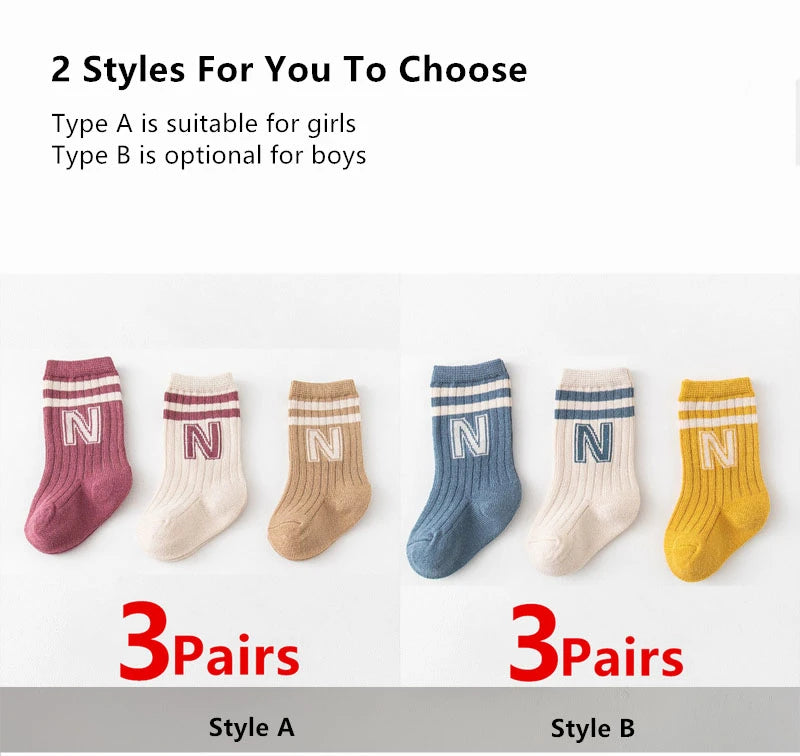 3 Pairs Baby Letter Socks Knit Soft Cotton Sock Kids Long Knee High Socks Infant Toddler Baby Boys Girls Cute Stripe Socks