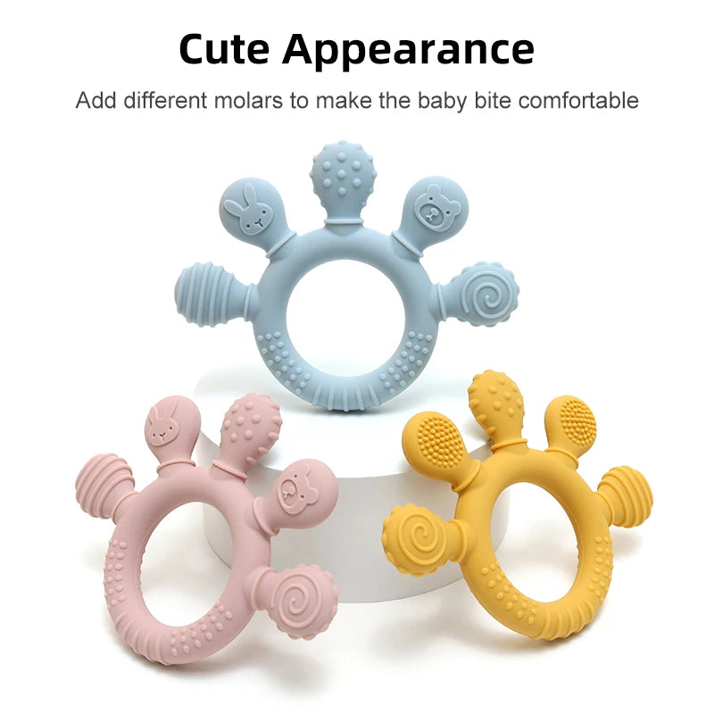 New Hand Multicolor Silicone Baby Ring Teether Anxiety Teething Toys 0-12 Months Chew Beads Sensory Gum Relief Soother Baby
