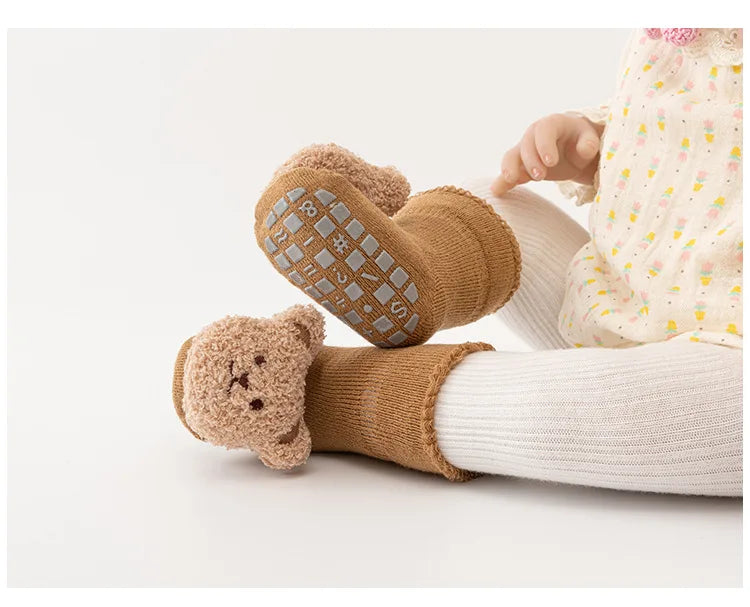 New Cute Cartoon Bear Baby Socks For Boys Girls Winter Soft Cotton Anti Slip Solid Newborn Toddler Sock Kids Thicken Socken