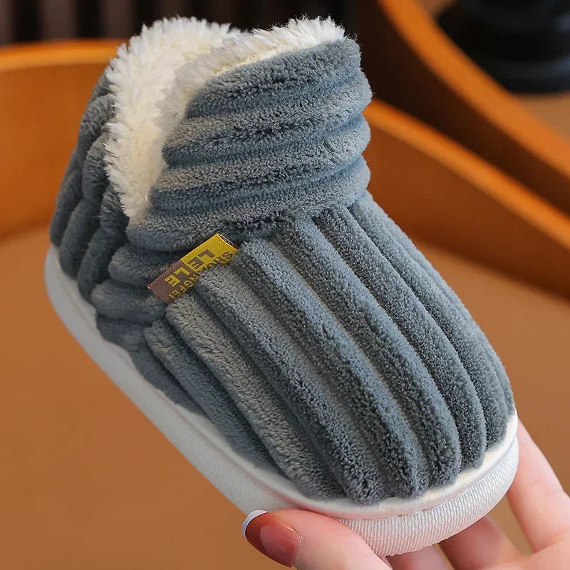 New Winter Simplicity Stripe Plush Slippers Children's Non-slip Soft Sole Kids Boys Girls Heel Wrap Warm High Home Cotton Shoes