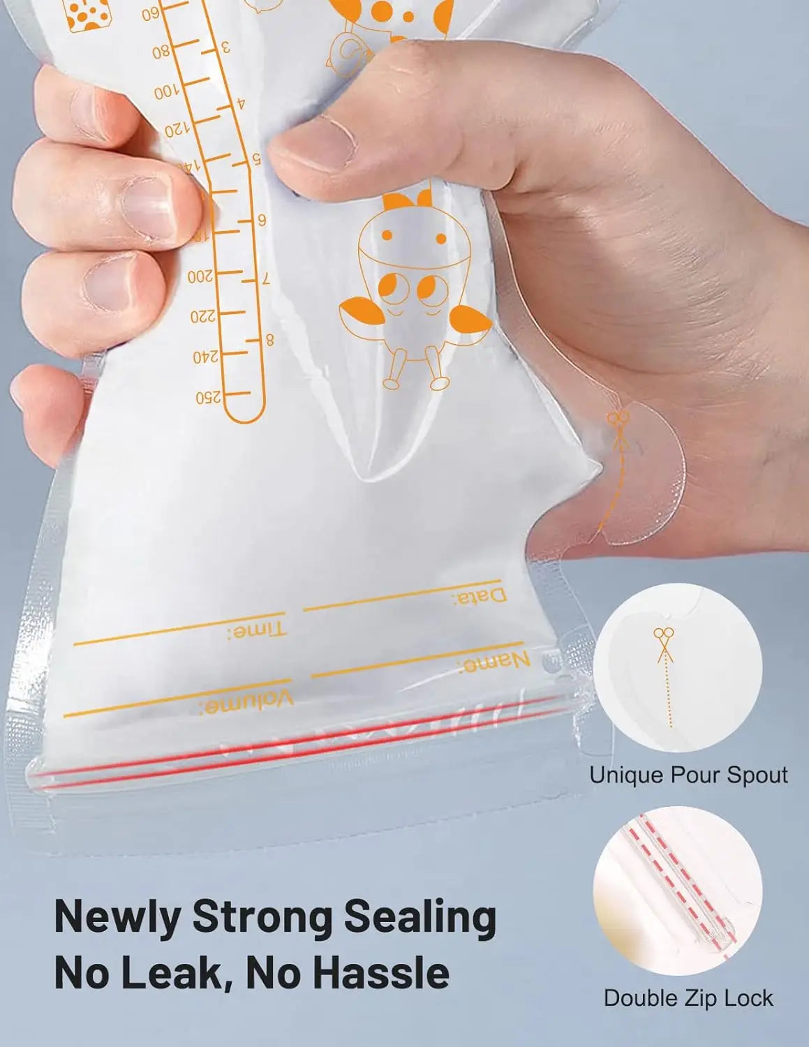 PE Giraffe Breast Milk Storage Bags, 250ML 30pcs/60 pcs per Pack, Pre-Stick Labels, BPA Free, Leakproof,