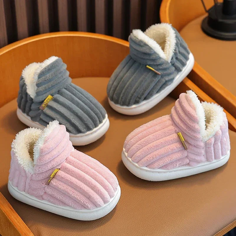 New Winter Simplicity Stripe Plush Slippers Children's Non-slip Soft Sole Kids Boys Girls Heel Wrap Warm High Home Cotton Shoes