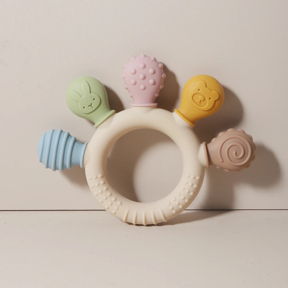 New Hand Multicolor Silicone Baby Ring Teether Anxiety Teething Toys 0-12 Months Chew Beads Sensory Gum Relief Soother Baby