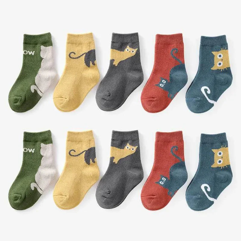 5 Pairs Kids Socks Cartoon Cat Pattern Comfortable Breathable Children Socks For Boys And Girls